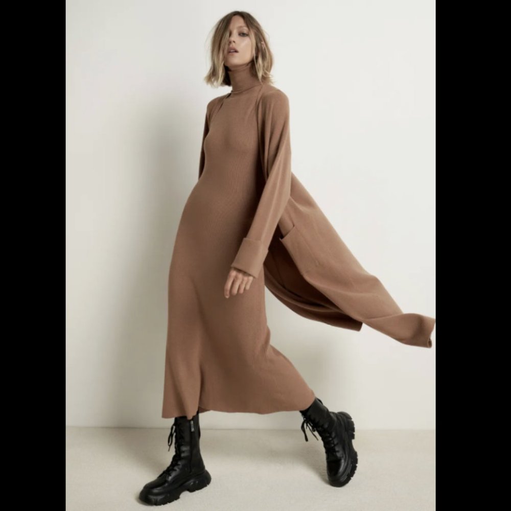ZARA NEW WOMAN DUSTY PINK CAMEL LONG KNIT CARDIGAN + MIDI DRESS 0014/124 S M